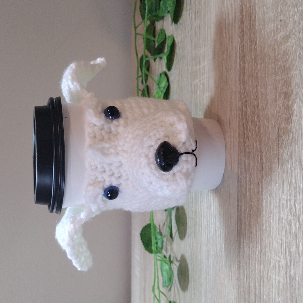 Handmade Crochet White Pitbull Dog Coffee Koozie